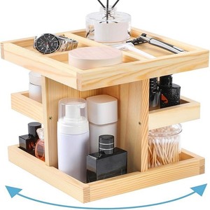 Rotating Solid Wood Cosmetic Organizer Tiered <b>Desktop</b> Storage For Makeup And Skincare Items Natural Wood Color - Product Image 1