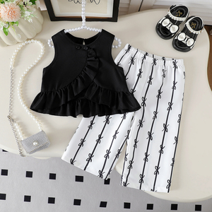 Set Estivo per Bambina OEM ODM, Stile Dolce Nero, 100% Poliestere, Top Senza Maniche in Tessuto Morbido e Pantaloni con Fiocco - Product Image 1