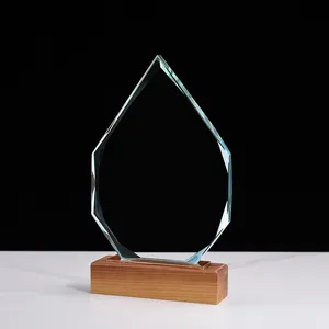 Pujiang Crystal Manufacturer Company Awards Trophies Crystal Glass Wooden Trophy Wood Award Plaques Wholesale