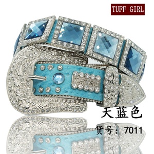 Cielo blu In Pelle Cowgirl Prisma Cut <span class=keywords><strong>Pietra</strong></span> Conchos Occidentale Cinghia di Cuoio Del Vestito Per Le Donne 100 centimetri - Product Image 6