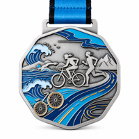 Médaille personnalisée OEM ODM en métal moulé sous pression, électroplaquée, avec ruban bleu octogonal pour champion de triathlon