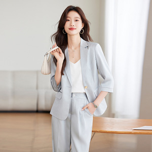 Women's Light Blue Summer Suit Set Three Quarter Sleeve Crepe Fabric Breathable Elegant Style For Office Wear - Product Image 4