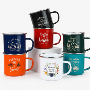 Tasses promotionnelles vintage en émail, tasses à café en métal imprimées, design personnalisé, vaisselle de camping pour cadeaux promotionnels de marque - Product Image 1