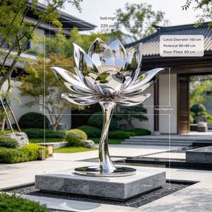 Sculpture de lotus en acier inoxydable 304 poli miroir sur mesure, grande fontaine d'eau extérieure, statue paysagère pour jardin et centre commercial - Product Image 2