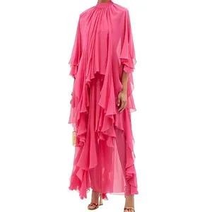 wholesale maxi design boho style summer high quality loose plain elegant ruffle maxi chiffon dress