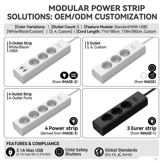EU Power Strip with USB-C Fast Charger Surge Protection Industrial Multi Socket Extension Lead  for Commercial Use
