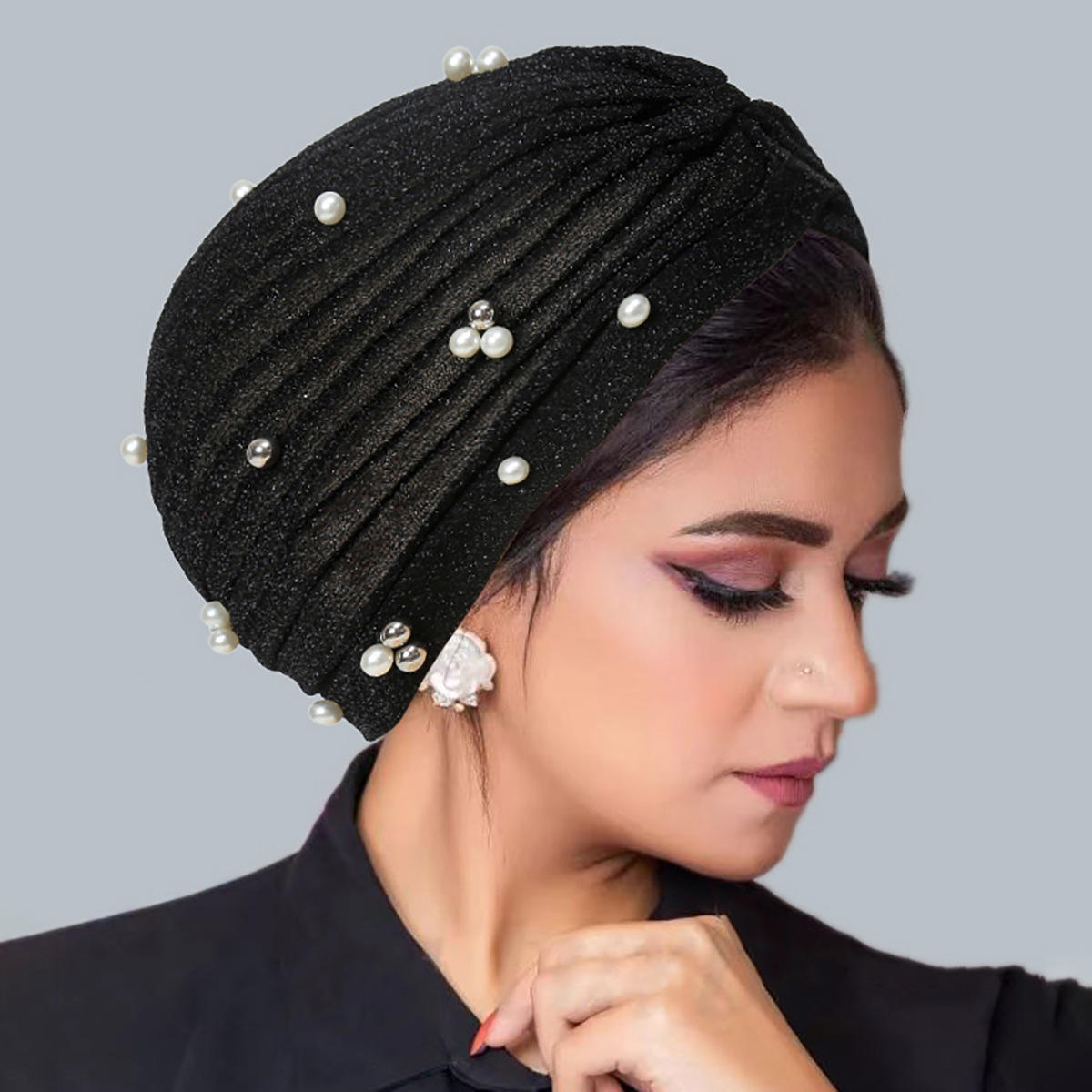 Muslim Turban Hat Pearl Beading Head Wrap Cap Breathable Head Wrap for Women