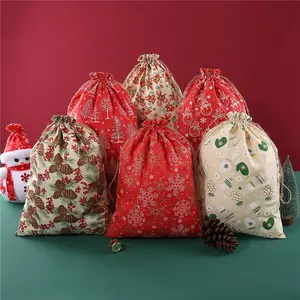Burlap Linen Gift Bags With Drawstring Christmas Santa Sacks Gold Stamping Xmas Bag Large Capacity Toy Candy Packing For Kids