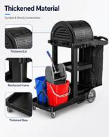 Chariot de nettoyage commercial pour hôtels avec couvercle coulissant, étagère de rangement, sac en nylon latéral et essoreuse à serpillière