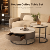 Ensemble de tables basses modernes avec surface en pierre frittée, tiroir de rangement dissimulé, 2 tables gigognes pour salon et maison