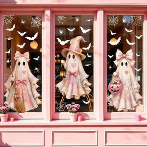 Venta al por Mayor de Adhesivos Decorativos para Ventanas de Halloween con Lindos Fantasmas Rosados, Telarañas y Murciélagos, Adhesivos Estáticos Reutilizables para Vidrio, Decoración de Halloween - Product Image 2