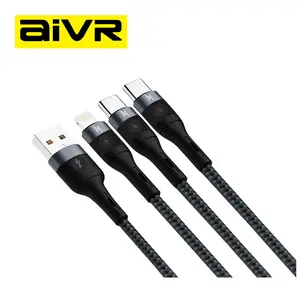 AiVR K372R 3 In 1 2 M USB Schnellladekabel Typ C IOS Multi-Ladekabel für iPhone15 Huawei Samsung Nylon-Flochtenkabel