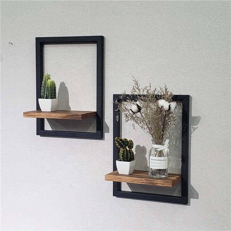 wall book shelf mount Set of 2 Wall Mounted Rectangle Metal Frame Floating Shelves Farmhouse Storage Wood Shelves for Wall Decor