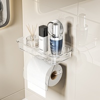 Boîte à mouchoirs rectangulaire minimaliste en plastique à fixation murale sans perçage, forte aspiration, avec étagère de rangement supérieure pour salle de bain et toilettes