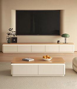 Juego de Muebles de <span class=keywords><strong>Madera</strong></span> Sólida para Sala de Estar con Luz Ambiental, Mesa de Centro y Mueble para TV, Estilo Moderno Minimalista Retro Crema para Hogar, Hotel o Comedor - Product Image 2