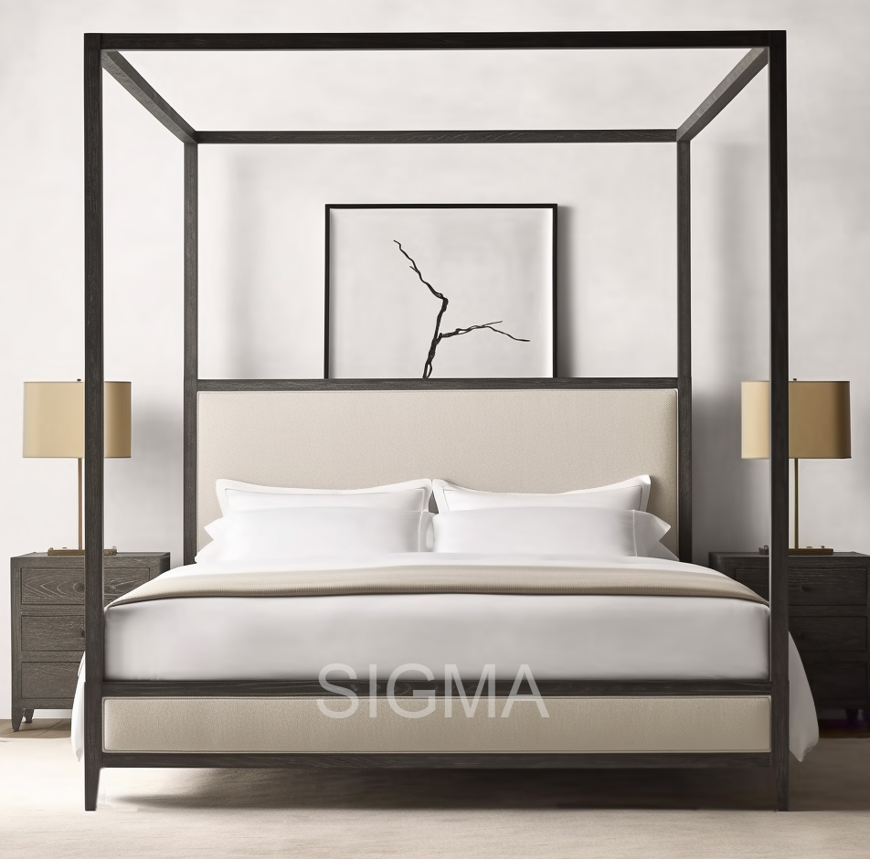 SIGAM Oak Wood Queen Size Bed Wooden Canpoy Bed Bedroom Furniture Set Luxury King Size Bed Classic