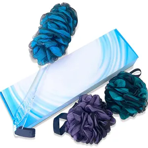 Éponges de brosse de boule de luffa de bain exfoliantes avec épurateur de dos en nylon doux à long manche en plastique