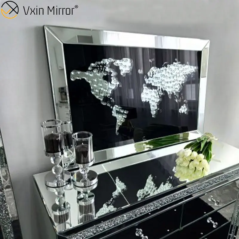 Home Decor glass frame Mirrored map wall Art Crystal porcelain painting mirror wall art