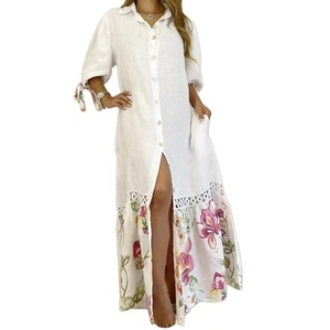 Vestido Largo Estilo Camisa con Mangas 7/8, de Algodón <span class=keywords><strong>y</strong></span> Lino, con Cordones <span class=keywords><strong>y</strong></span> Estampado Floral, Corte en A, Casual, para Otoño - Product Image 3