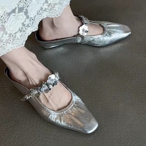 Summer Outdoor Silver Square <b>Toe</b> Ruched Sequins Flower Mule <b>Sandals</b> Elegant One Strap <b>Closed</b> <b>Toe</b> Slip On Heels - Product Image 3