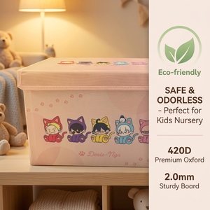 Kawaii Cat Printed Kids Toy Storage Bin 420D Oxford Cloth Foldable Decorative Toy Box With Lid For Nursery Bedroom Decor