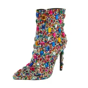 2023 Spring Autumn Women's High High Pointed Toe With Diamond Rhinestone Ankle Boots Side Zipper With Pearl