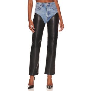 Pantalones Vaqueros de Mezclilla de Cintura Alta y Pierna Recta para Mujer, Diseño Especial, con Detalles en Cuero Sintético en Contraste - Product Image 3