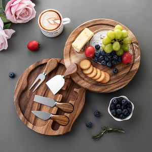 Acacia Wood <b>Cheese</b> Board <b>Set</b> With <b>Knife</b> Fork Spatula Rotating Tray For <b>Cheese</b> Fruit Serving Coffee Brown - Product Image 1