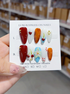 SHUANGYU <span class=keywords><strong>Uñas</strong></span> Postizas Acrílicas Hechas a Mano con Diseño de Leopardo <span class=keywords><strong>Naranja</strong></span>, Flores Rosas 3D <span class=keywords><strong>y</strong></span> Alambre Dorado con Pedrería, Venta al Por Mayor - Product Image 3