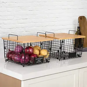 Keuze Fun Metalen Fruitmand Organizer Houder Bamboe Fruit Mand Hout Fruitmand Keuken Organizer Met Bamboe Cover