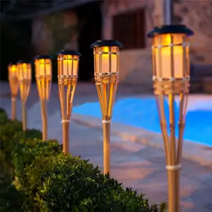 Torche de jardin étanche pour l'extérieur, 12 lampes LED, lumière solaire, flamme clignotante, bambou blanc chaud