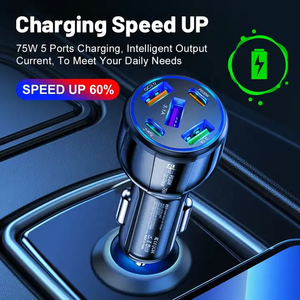 75W <span class=keywords><strong>Usb</strong></span> <span class=keywords><strong>Mini</strong></span> Metalen Digitaal <span class=keywords><strong>Display</strong></span> 5 In 1 Autolader 3usb + 2pd Snel Opladen Auto Oplaadadapter Compatibel - Product Image 3