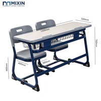 Table et chaise d'école deux places, table de classe avec siège en plastique vert et dossier, boîte à livres en treillis métallique pour collège