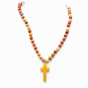 Mala de perles en jaspe Mookaite avec pendentif croix sacrée en aventurine jaune - Adoptez la protection divine et la connexion spirituelle - Product Image 2