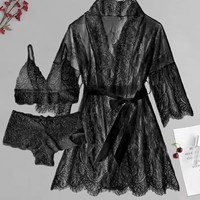 Robe de nuit sexy en dentelle transparente pour femme, longue et fine, avec lien à nouer sur le devant, ensemble de lingerie, tenue de soirée, vente en gros, personnalisation OEM