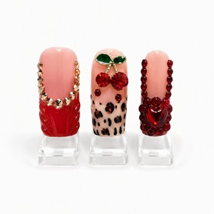 Faux ongles carrés longs pré-dessinés en acrylique avec strass cerise à presser pour les doigts - Product Image 4