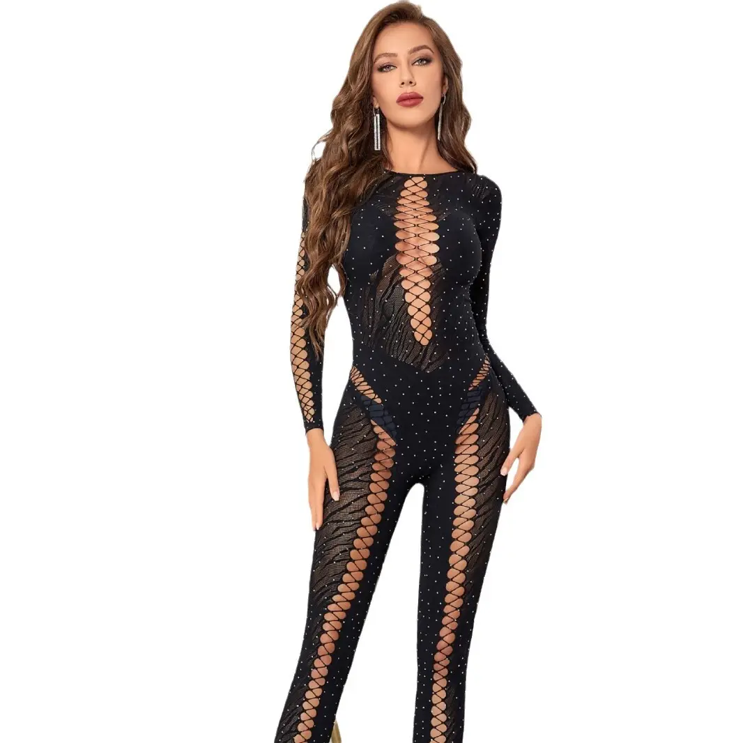 Sexy lingerie women's fashion see-through solid color sexy skeleton long-sleeved round neck fitted jumpsuit pants