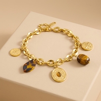 Bracelet à breloques vintage en acier inoxydable plaqué or 18 carats PVD avec pendentifs boussole, résine, léopard, perles d'agate et multiples breloques - Hypoallergénique - Cadeau
