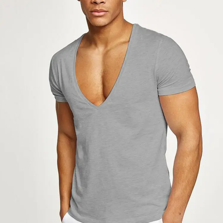 Spring Deep V Neck Tshirt for Men Low Cut Wide Collar Top Tees Male Pure Cotton Slim Fit Long Sleeve Men T Shirt
