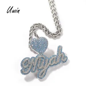 UWIN New Custom Name Necklace Gold Plated Blue CZ Name Pendant Heart Hook rapper Jewelries for Women Men