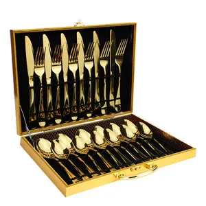 Großhandel Geschirr Löffel Gabel Messer Gold Besteck 24 Stück Mit Holzkiste Besteck Sets Edelstahl Besteck Set