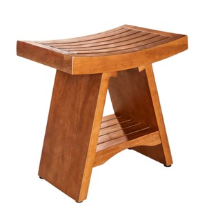 Tabouret de salle de bain double couche incurvé en teck, siège de douche en bois massif imperméable, banc de rangement pour terrasse extérieure - Product Image 1