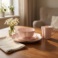 Service de table LEXI moderne en porcelaine de haute qualité, incassable, en forme de fleur rose, avec incrustations dorées, assiette, bol, tasse - compatible micro-ondes et lave-vaisselle