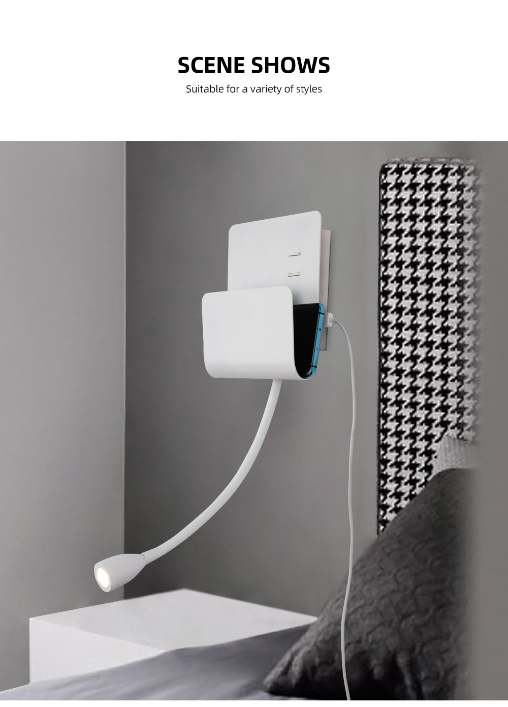 Modern Decorative Led Wall Lamp Bedside Light With  U-Shaped Storage Table With USB Charger For Bedroom