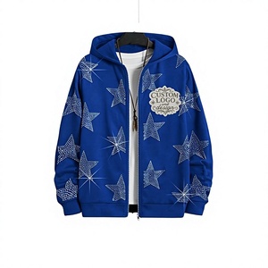 Sweat à capuche bleu personnalisé avec logo, broderie vieillie, strass, délavage vintage, délavage à l'acide, MOQ 10, fournisseur - Product Image 1