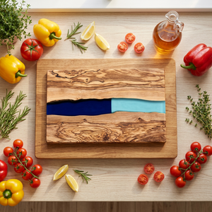 Tabla de Cortar de Madera de Olivo Natural con Incrustaciones de Resina, Tabla de Preparación de Alimentos Ecológica para Cocina - Product Image 1