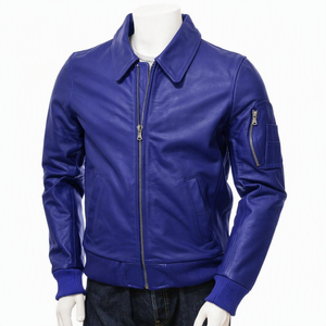 Blouson aviateur en cuir véritable marron pour homme, col rabattable, fermeture éclair, imperméable - Product Image 6