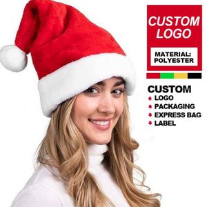 Chapeau de Noël personnalisé avec pompon, logo brodé imprimé, vente en gros, chapeaux de Père Noël en velours chaud noir, bleu, rouge, vert pour l'hiver - Product Image 1