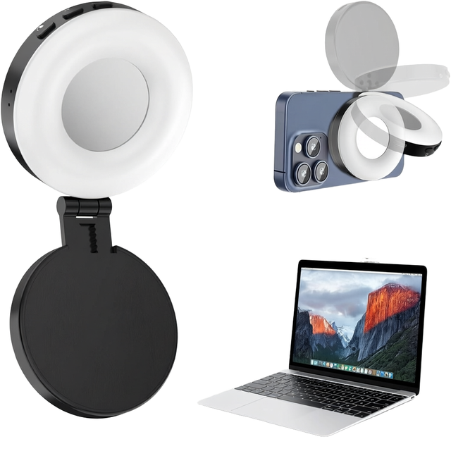 Magnetic Selfie Ring Light for iPhone MagSafe 3-in-1 with Mirror Battery-Powered ABS Material for Photography TikTok Video Calls