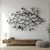 Grande figurine murale en aluminium moulé gravée d'un oiseau sur une branche, décor mural en métal brun foncé peint à la main, décoration intérieure